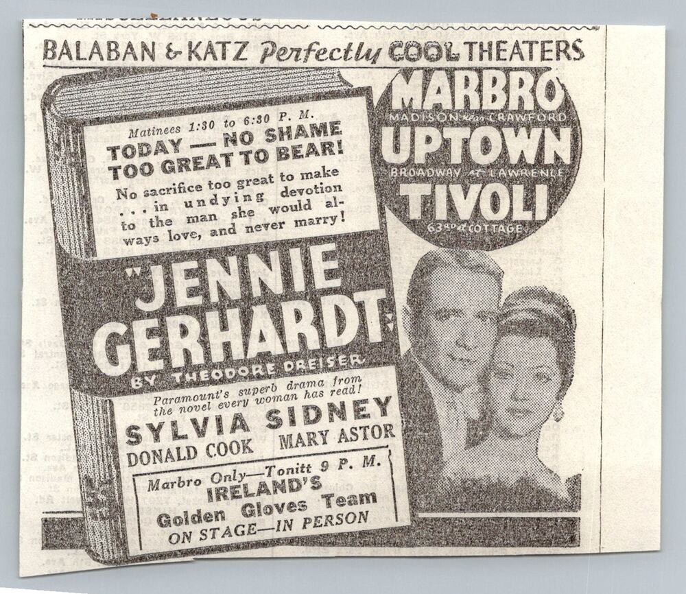 1933 Jennie Gerhardt Movie Ad Balaban & Katz Chicago Theaters Sylvia Sidney